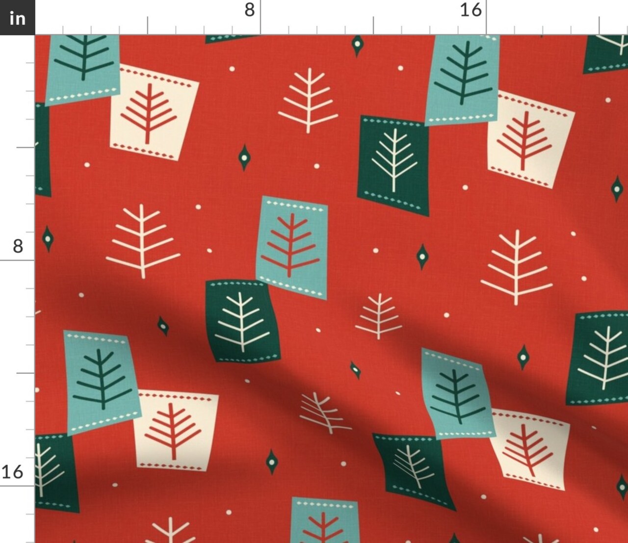 Red Christmas Retro Green Tree Starburst Vintage Linen Texture Holiday Mcm Xmas Custom Printed Fabric by Spoonflower Various Fabrics by the Yard or Fat Quarter